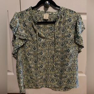 Joie Floral Ruffle Sleeve Top - Green and Yellow